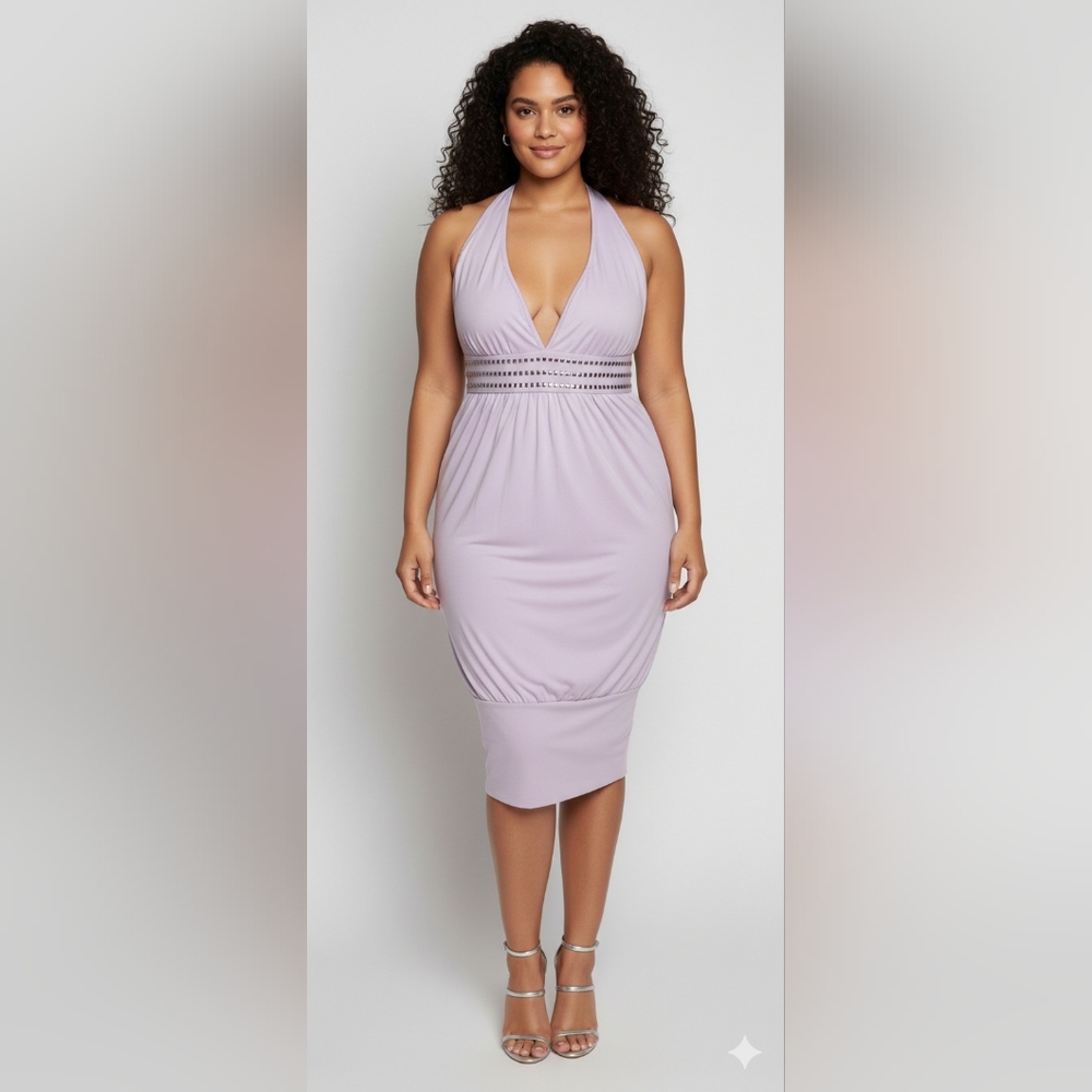 Free Culture Lilac NWT Halter Tie Bodycon V-Neck Vintage Midi Dress Size Large